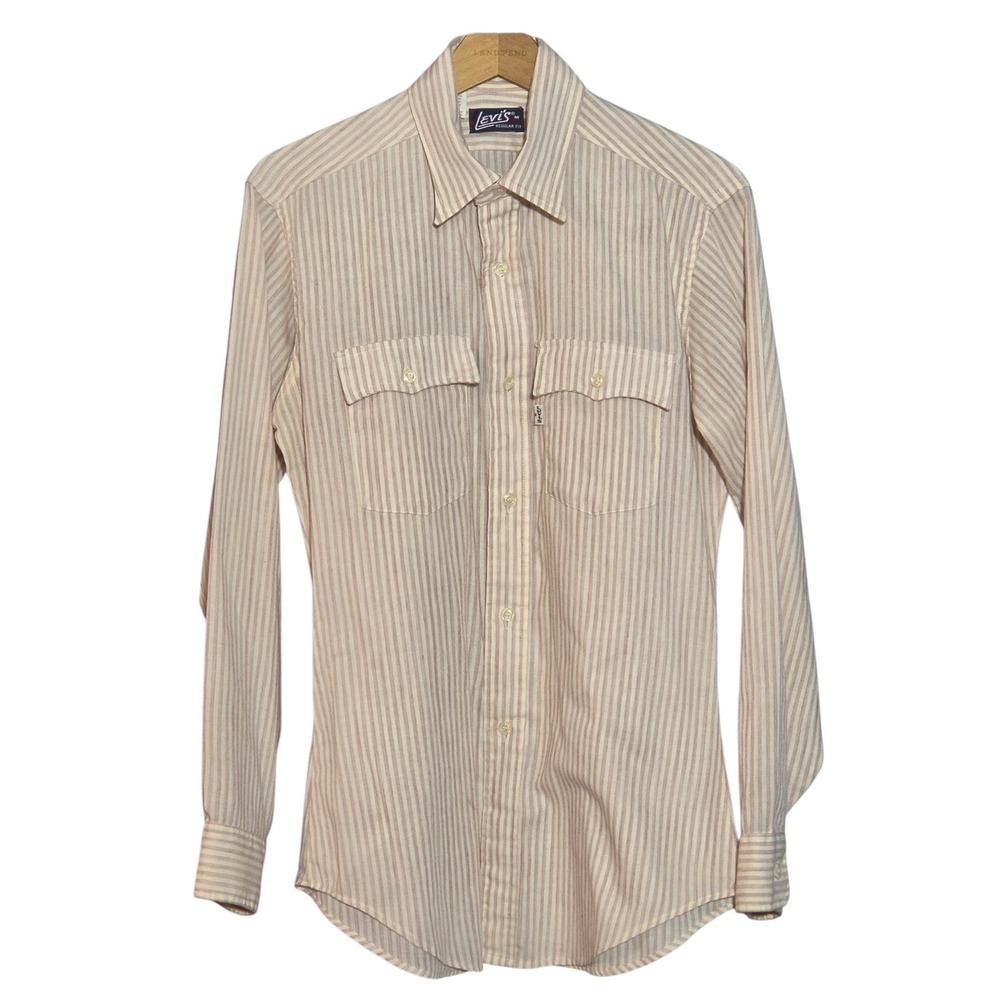 Vtg Levis Mens Medium Button Up Shirt Cream Burgundy 80s Striped Western USA